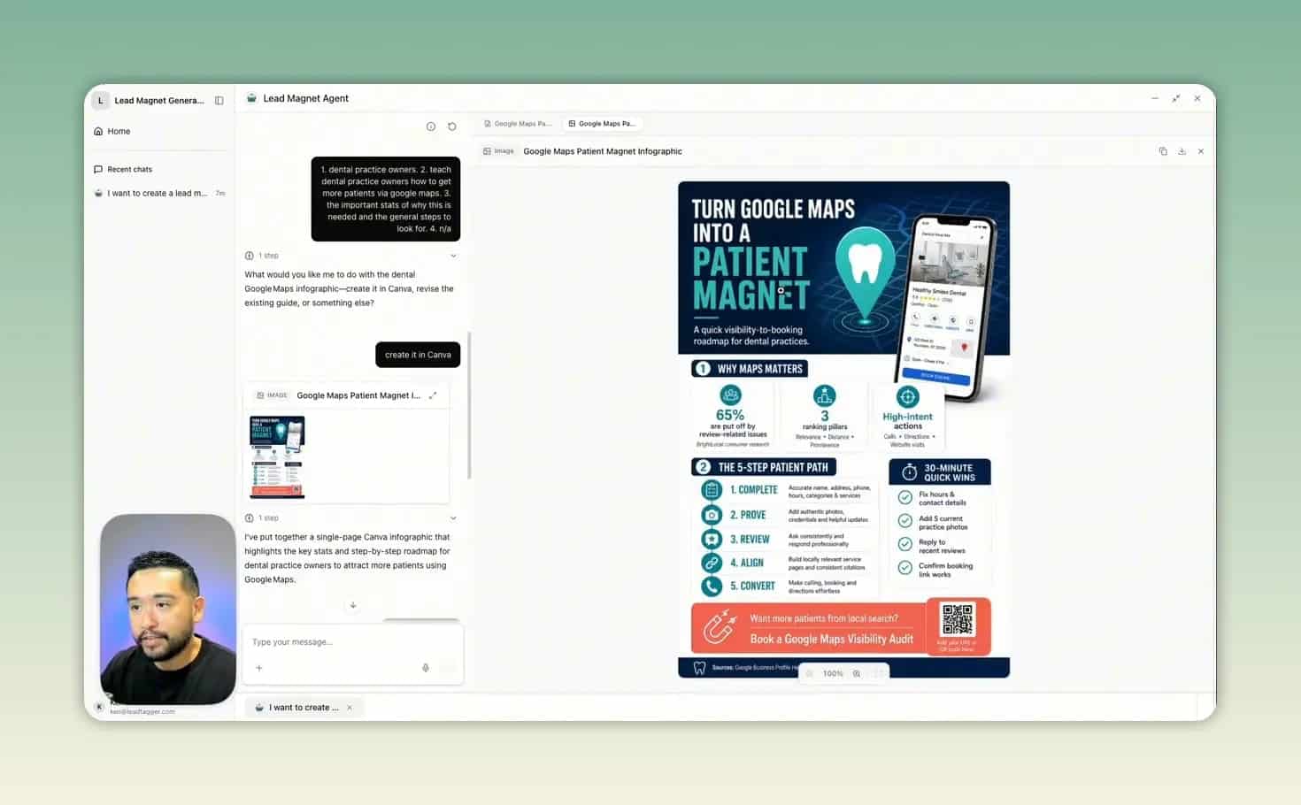 Generated Google Maps patient magnet infographic displayed beside the agent chat